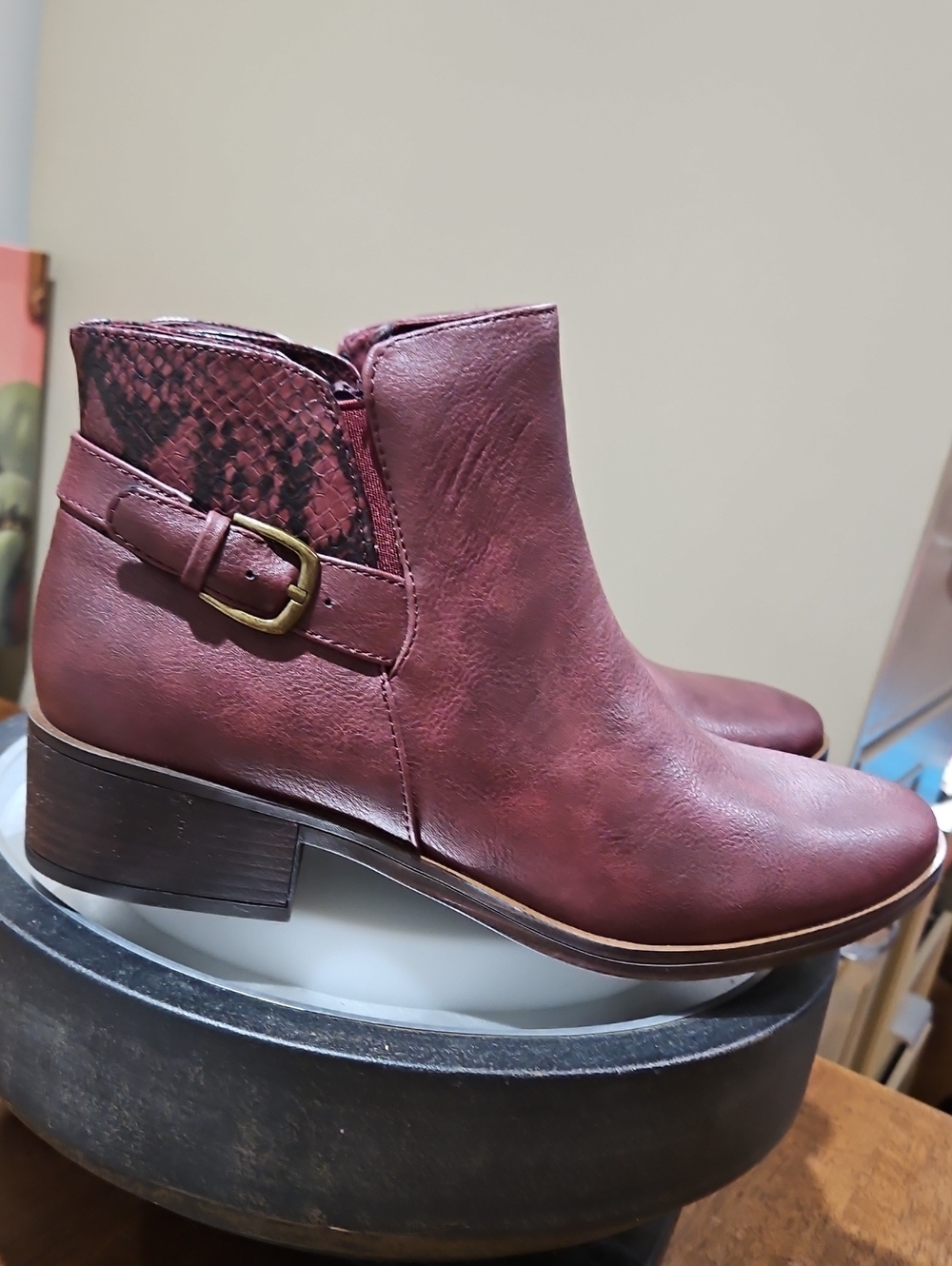 BareTraps Burgundy Ankle Boots with Snake-Print Detail